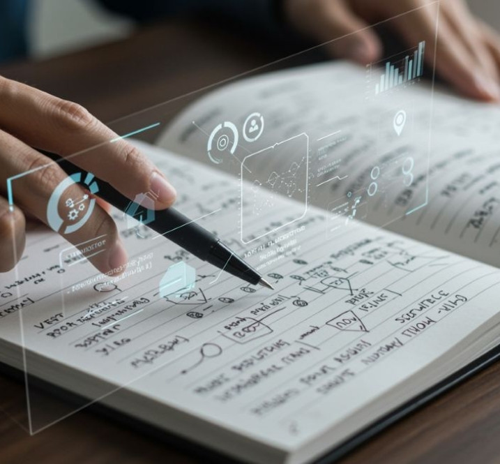 A person writing in a notebook overlaid with digital analytics icons and charts, representing a structured pricing assessment process