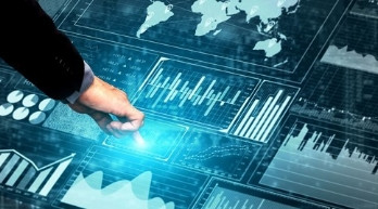 A hand touching a glowing digital interface with global market data and financial charts, representing technology-enabled pricing strategy